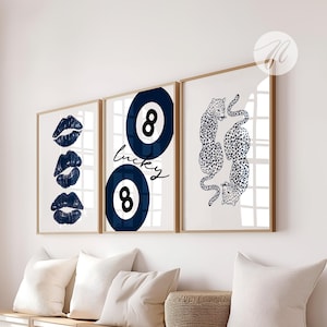 Navy Wall Art Set, Retro 8 Ball Poster, Blue Cheetah Print, Navy Kisses Wall Art, Chic Aesthetic, Bedroom Decor, Printable Digital Gifts