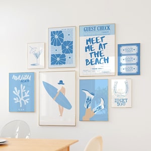 Lot de 8 impressions de galerie de cow-girl côtières, déco murale maison de plage côtière, esthétique preppy estivale, affiche de la chance, rencontrez-moi à la plage