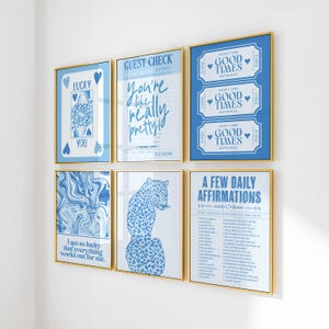 coastal beachy preppy blue gallery print set of 6 light blue surf wall art apartment dorm decor aesthetic really pretty guest check print