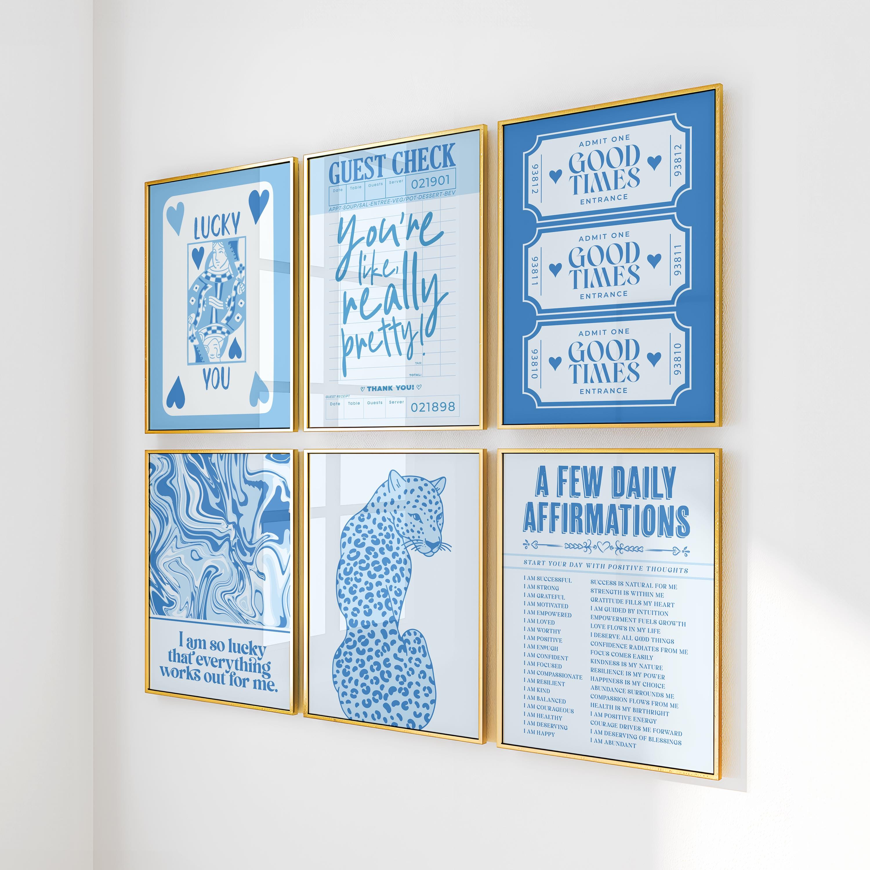 coastal beachy preppy blue gallery print set of 6 light blue surf wall art apartment dorm decor aesthetic really pretty guest check print