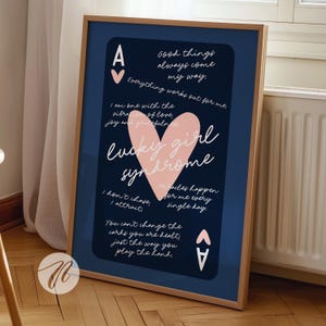 Ace Of Hearts Print, Retro Playing Card Wall Art, Affirmations Quote Poster, Navy Pink College Decor, Trendy Aesthetic Preppy Room Decor