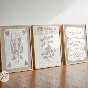 neutral trendy wall art prints set of 3 neutral beige aesthetic lucky you poster boho preppy good times ticket print retro apartment decor