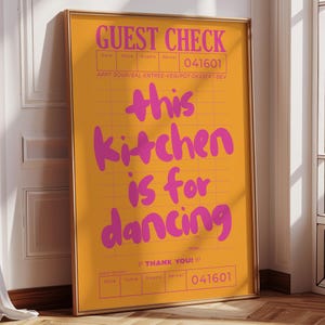 this kitchen is for dancing print, trendy kitchen wall art pink and orange aesthetic poster, retro bar cart art preppy funky apartment decor