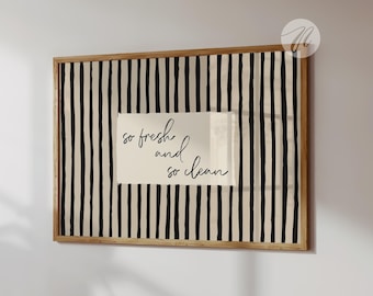 So Fresh and So Clean Print, Striped Wall Art, Neutral Bathroom Decor (Digital, Horizontal)