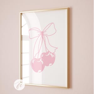 Ma Cherie Pink Bow Cherry Poster Hand Illustrated Coquette Wall Art Print Trendy Preppy Wall Art Coquette Room Aesthetic Apartment Decor