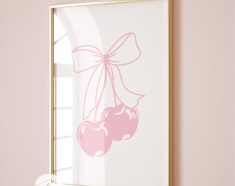 Póster de Ma Cherie con lazo rosa y cerezas, ilustrado a mano, arte de pared coqueto, arte de pared moderno y preppy, decoración estética para habitaciones coquetas y apartamentos.