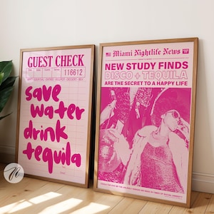 Ahorra agua, bebe tequila, impresión, carrito de bar, cóctel, póster, decoración de habitación preppy y2k, bola de discoteca moderna, retro, funky, decoración de dormitorio, arte de pared