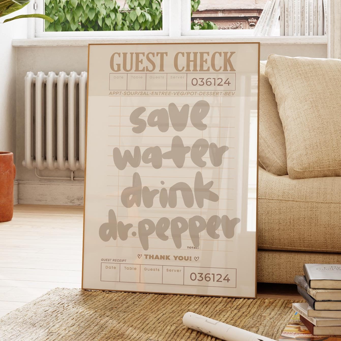 save water drink dr.pepper guest check prints neutral wall art college apartment decor beige retro trendy preppy kitchen aesthetic posters