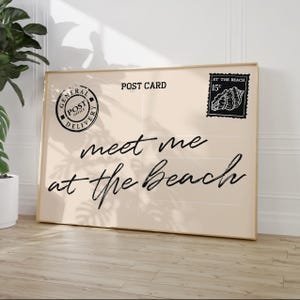 Rencontrez-moi à la plage, impression de carte postale d&#39;art mural côtier tendance, affiche de typographie noire, décoration esthétique balnéaire côtière de petite-fille, numérique