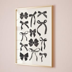 Black Bows Print Coquette Room Decor, Trendy Apartment Decor, Preppy Dorm Wall Art, Girly Room Aesthetic, Black White Aesthetic, Digital Art