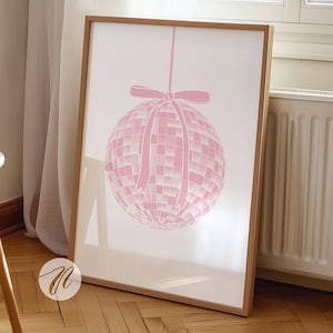pink disco ball bow print, preppy wall art, coquette decor, cute mirror ball dopamine poster, college apartment decor, girly room aesthetic