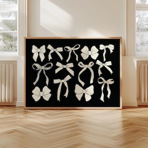 black bows print coquette room decor, preppy dorm wall art, trendy apartment decor, girly room aesthetic, black white aesthetic, digital art