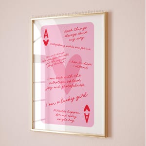 lucky girl syndrome ace of hearts card aesthetic poster trendy wall art pink and red prints retro bar cart art preppy funky apartment decor