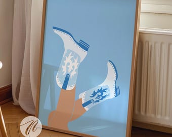 coastal cowgirl boots prints light blue surf gallery wall art trendy preppy beachy room aesthetic blue western cowboy cute apartment decor