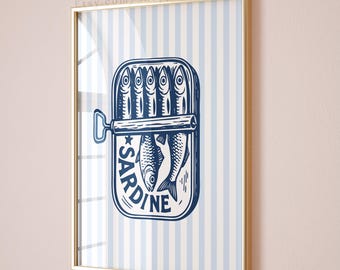 Tinned Sardines Print, Gift Sardines Seafood Kitchen Aesthetic Decor, Sardine Tin Poster, Retro Fish Food Art, Coastal Home Decor, Printable