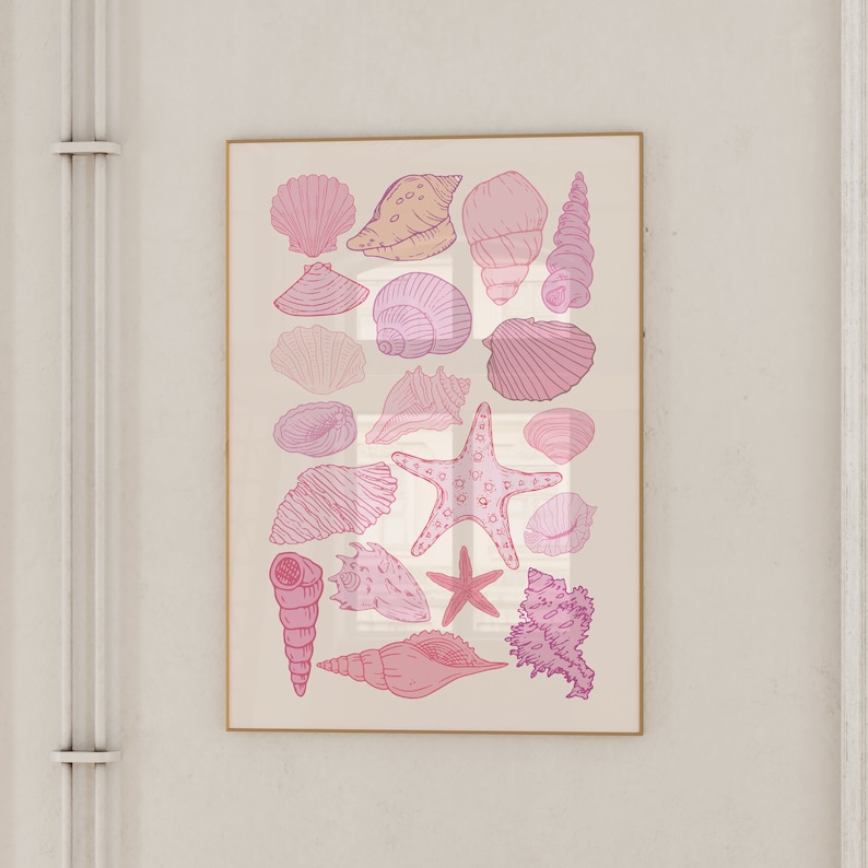 Seashell Art Prints, Trendy Coastal Wall Art, Coastal Cowgirl Decor, Cute Summer Posters, Pink Beachy House Decor, Sea Aesthetic Printable