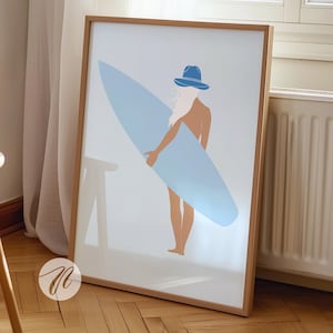 coastal cowgirl surf print, light blue surfer girl wall art, preppy tropical beachy room aesthetic poster, western cowgirl apartment decor