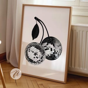 retro disco art cherry fruit print out poster funky black neutral disco decor poster aesthetic college apartment decor bar cart art prints