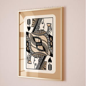 queen of hearts playing card funky retro wall art print poster neutral beige preppy wall art y2k bar cart decor aesthetic printable digital