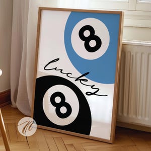 Lucky 8 Ball Print, Retro Lucky Girl Poster, Blue Vintage Pool Ball Wall Art, Y2k Aesthetic Apartment Decor, Funky Eight Ball Bar Cart Art