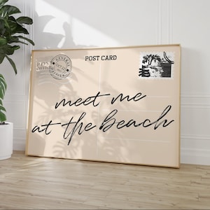 Meet Me At The Beach-postkaartprint trendy kustmuurkunst, zwarte typografieposter, kustkleindochter strandachtig esthetisch decor, digitaal
