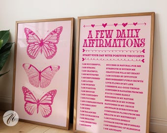 Conjunto de 2 pôsteres retrô com borboletas e frases de afirmação diária em rosa, decoração fofa e moderna para apartamento universitário, arte de parede rosa vibrante com estética preppy para meninas.