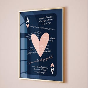 Hartenaas print, retro speelkaart kunst aan de muur, poster affirmaties citaat, marineroze college decor, trendy esthetische preppy kamer decor