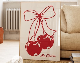 Ma Cherie Red Bow Cherry Poster, Coquette Wall Art, Cherry Coquette Aesthetic Decor, Trendy Preppy Vintage Girly Dorm Apartment Poster