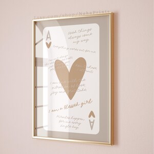 I am a blessed girl ace of hearts card aesthetic poster, trendy wall art beige tan prints, retro bar cart art, preppy funky apartment decor