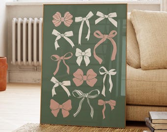 Pink and Sage Green Bows Print, Coquette Bows Decor, Preppy Bows Wall Art Poster, Girly Room Apartment Decor, Cute Old Money Bows Aesthetic