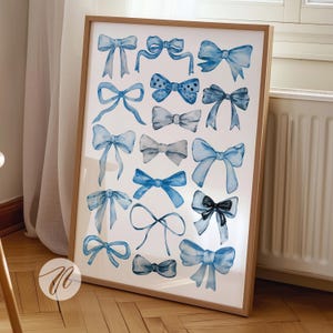 trendy watercolor bow prints, balletcore wall art, coquette room decor, light blue preppy bows, old money aesthetic, college apartment decor