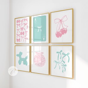 Pink Teal Bows Wall Art Print Set: Preppy Coquette Room Decor (Digital Download)
