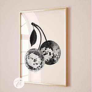 retro disco art cherry fruit print out poster funky black neutral disco decor poster aesthetic college apartment decor bar cart art prints