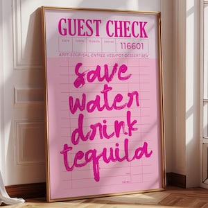 Guest Check Tequila Print, Trendy Bar Cart Wall Art, Liquor Alcohol Posters, Retro Cocktail Decor, Retro Apartment Decor, Printable Gift