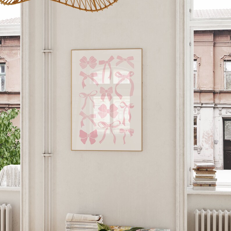 Balletcore pink bow poster with delicate ribbon illustrations and a soft feminine look.