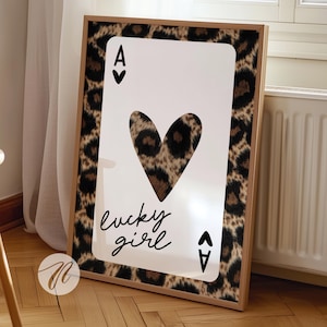 Playing Card Leopard Print, Ace of Hearts Lucky Girl Syndrome Poster, Trendy 70s Wall Art Leopard Apartment Decor, Cute Typography Printable