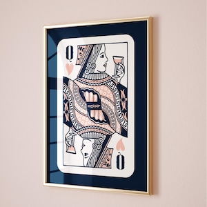 Queen of hearts druckt, rosa und marine ästhetisches trendiges Wandkunstplakat, Preppy Wandkunstdekor, Retro Barwagenkunst, trendige grüne printables