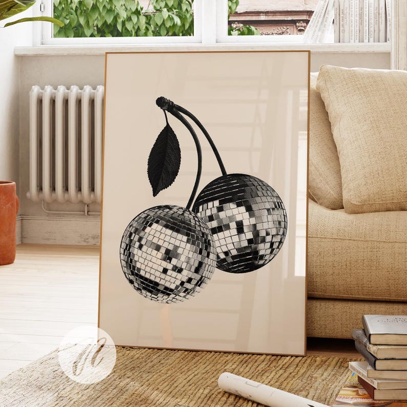 retro disco art cherry fruit print out poster funky black neutral disco decor poster aesthetic college apartment decor bar cart art prints