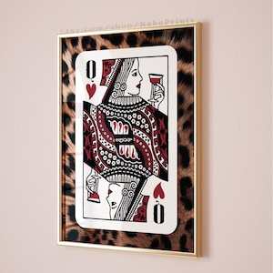 Queen of Hearts Print, Red Leopard Aesthetic Wall Art Poster, Preppy Wall Art Decor, Retro Bar Cart Art, Trendy Red Black Printable Digital