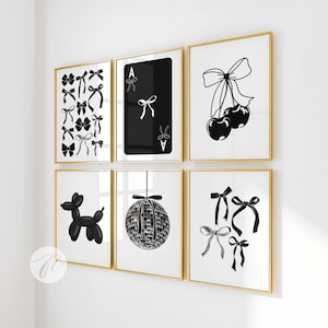 schwarze Schleifen Wandkunst 6er Set | adventskalender | uni wohndeko | trendige alte Geldästhetik | kokett Raumdekor | Mädchenhafter Wandschmuck