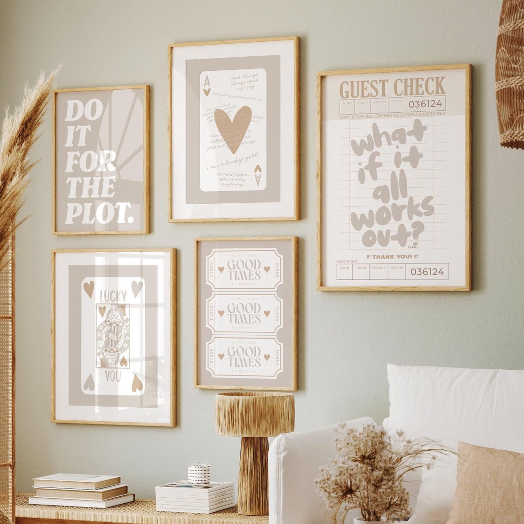 Trendy Neutral Wall Art Prints Set of 5 Gallery Tan Beige Lucky Girl ...