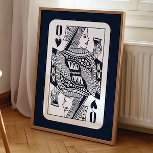 Stampa della Regina di Cuori, carta da gioco retrò, poster da cocktail bar, decorazione da parete con carte da gioco blu navy, decorazione artistica per carrello bar alla moda
