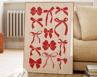 Red Bows Print, Coquette Room Decor, Messy Coquette Red Beige Aesthetic, Trendy Ribbon Wall Art, Preppy Girly Apartment Dorm Poster