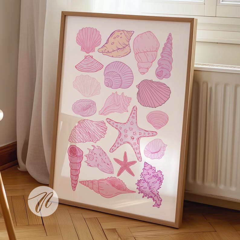 Seashell Art Prints, Trendy Coastal Wall Art, Coastal Cowgirl Decor, Cute Summer Posters, Pink Beachy House Decor, Sea Aesthetic Printable