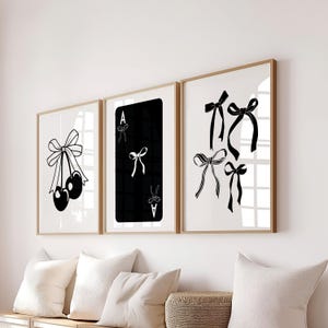 schwarze Schleifen Druck 3er-Set, Kirschen Schleifen Poster, adrette College Wohnung Dekor, alte Geldästhetik, kokette Raumdekor trendige mädchenhafte Wandkunst