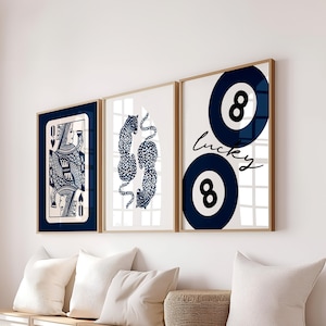 Navy Wandkunst Set, Retro 8 Ball Poster, Blauer Geparden-Druck, Navy Vintage Pool Ball Wandkunst, Queen of Hearts Karte, Preppy Room Ästhetik