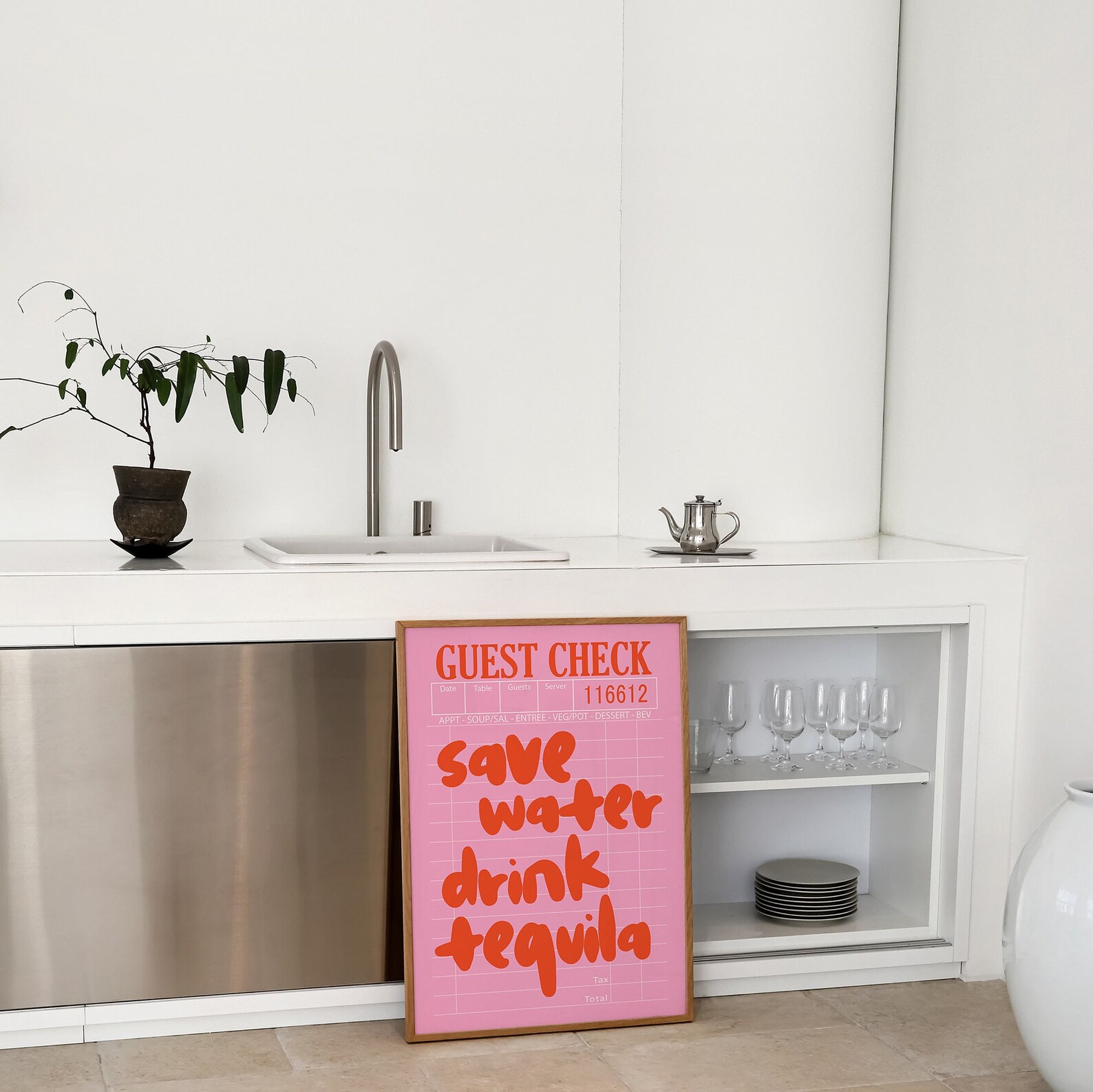 Save Water Drink Tequila Bar Cart Art Cocktail Prints Red Pink Trendy ...