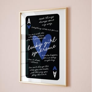 lucky girl syndrome ace of hearts card aesthetic poster, trendy wall art, blue black aesthetic, retro bar cart art, preppy apartment decor