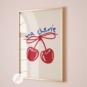 red bow cherry poster, ma cherie coquette wall art, red blue ribbon bow art print, college apartment decor, trendy coquette room aesthetic