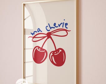 affiche de cerise à noeud rouge, art mural coquette ma cherie, impression d'art de noeud de ruban bleu rouge, décoration d'appartement universitaire, esthétique de chambre coquette à la mode